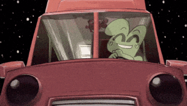 a cartoon character is driving a red car with hearts on the windshield