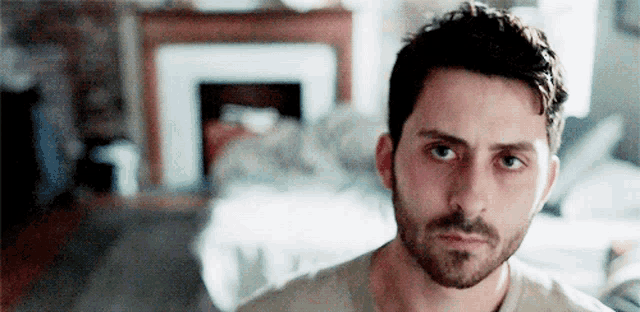 a man with a beard looks at the camera in a living room
