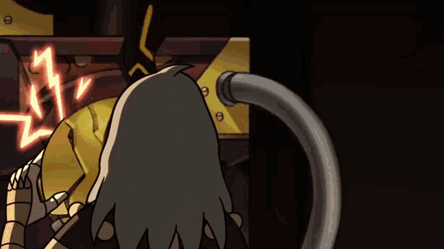 a cartoon character with a vacuum hose coming out of it 's mouth .