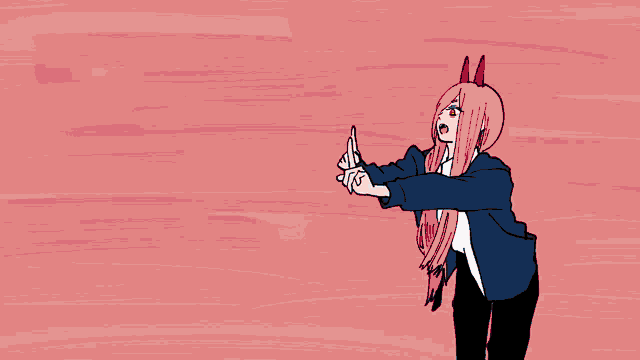 a drawing of a girl with long pink hair and orange eyes giving a thumbs up