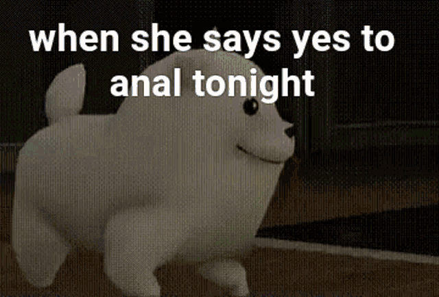 a stuffed dog is walking on a wooden floor with the words `` when she says yes to anal tonight '' .