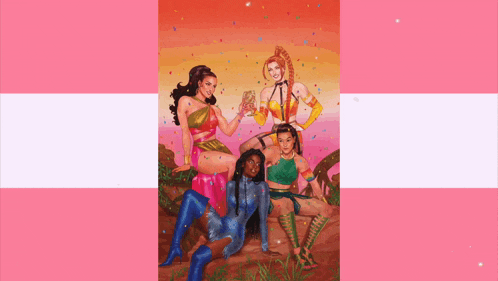 a group of women are posing for a picture in front of a pink and white striped background