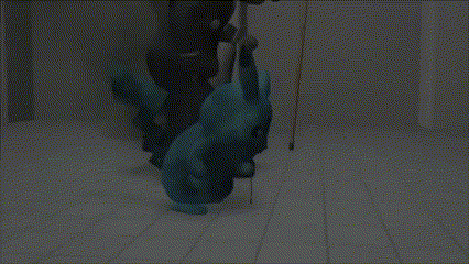 a cartoon character is standing on a tiled floor next to a person holding a cane .