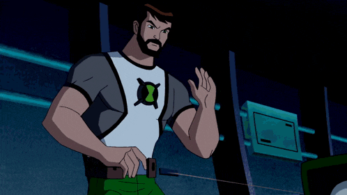 a man with a beard is standing in a room with a green background