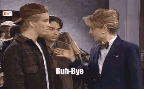 a man and a woman are standing next to each other and the woman is saying " buh-bye " .