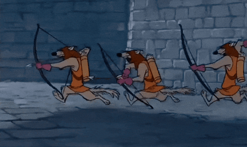 a cartoon of a group of foxes holding bows and arrows
