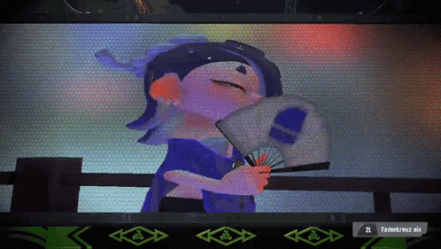 a screenshot of a video game shows a character holding a fan and a button that says fadenkreuz ein