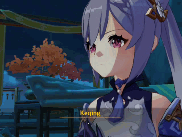 a video game character named keqing with purple hair and pink eyes