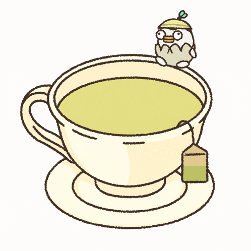 a cartoon drawing of a cup of tea with a small bird on top