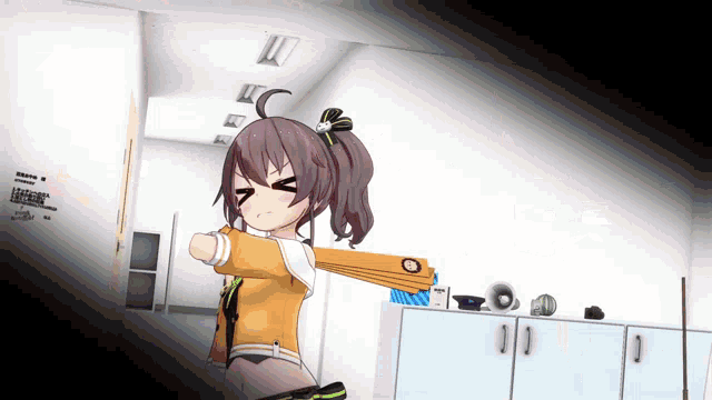 a girl with brown hair and a yellow shirt is standing in a room