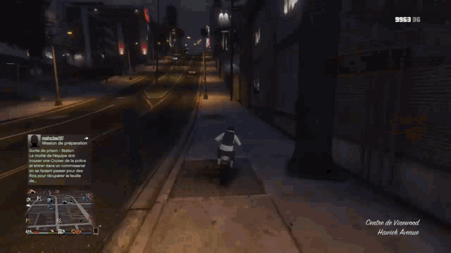 a person in a video game is walking down a sidewalk at night