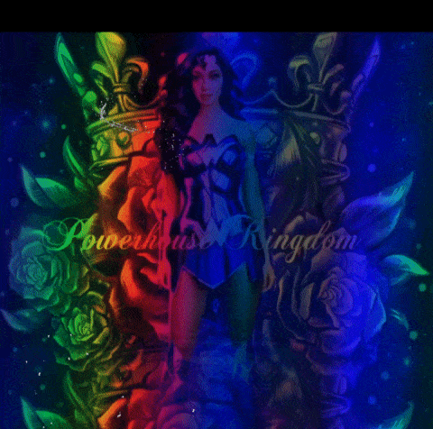 a woman in a wonder woman costume stands in front of a rainbow colored background with the words powerhouse kingdom