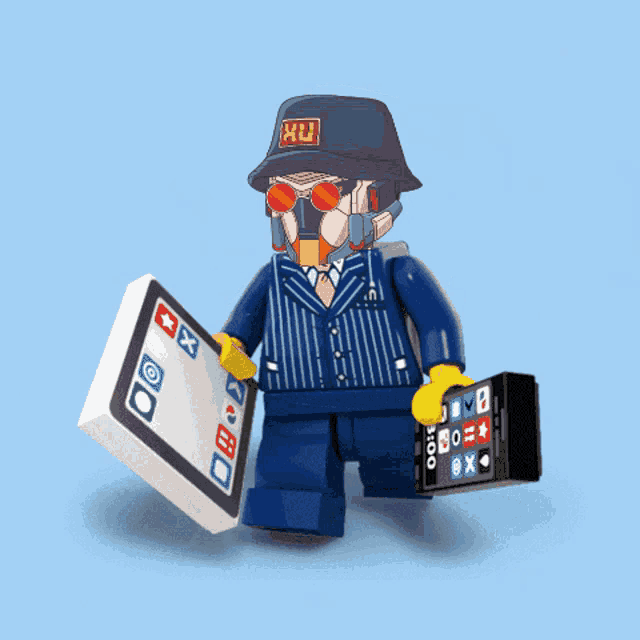 a lego figure wearing a hat that says hu