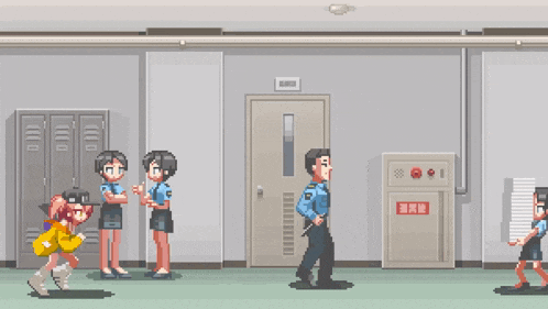 a man in a police uniform stands in a hallway next to a woman