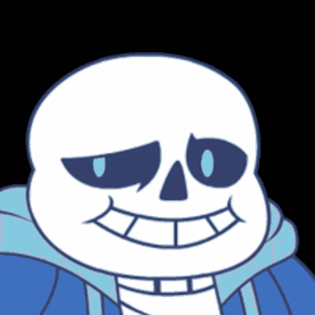 a cartoon drawing of a skeleton wearing a blue jacket and smiling