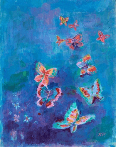 a painting of butterflies with the name kf on the bottom right