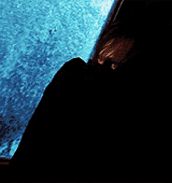 a person in a dark room looking out a window with a blue background