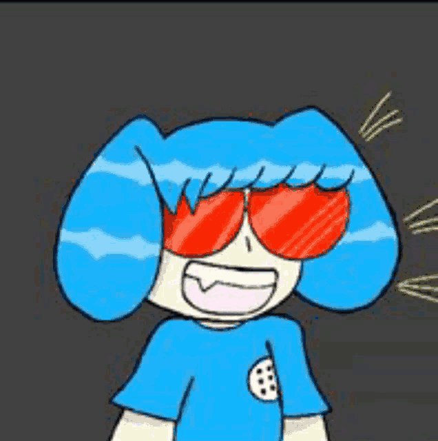 a cartoon character with blue hair and red sunglasses .