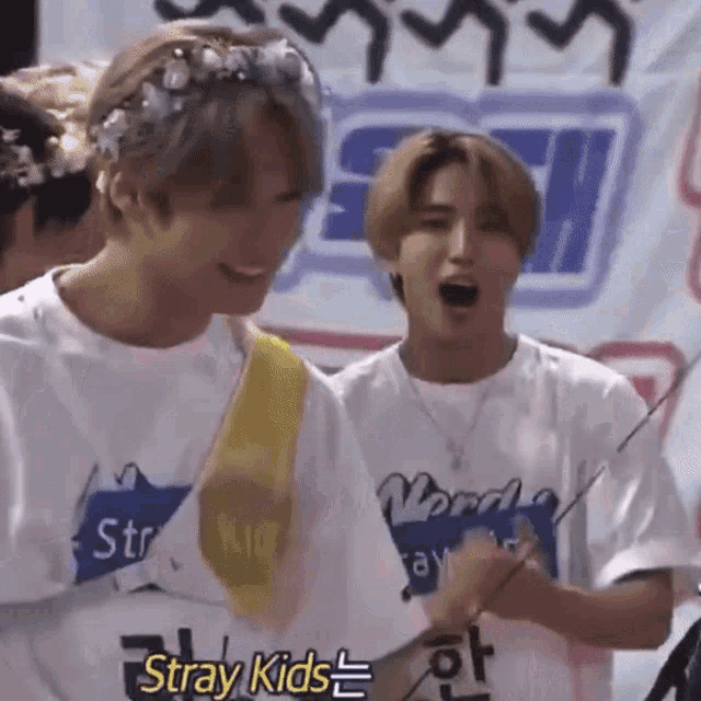 a group of young men are standing next to each other in front of a banner that says stray kids .