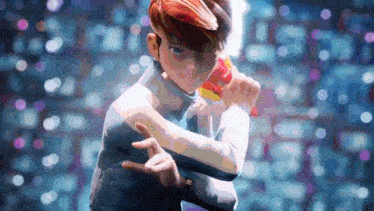 a cartoon character is holding a bottle of soda in his hand and pointing at the camera .