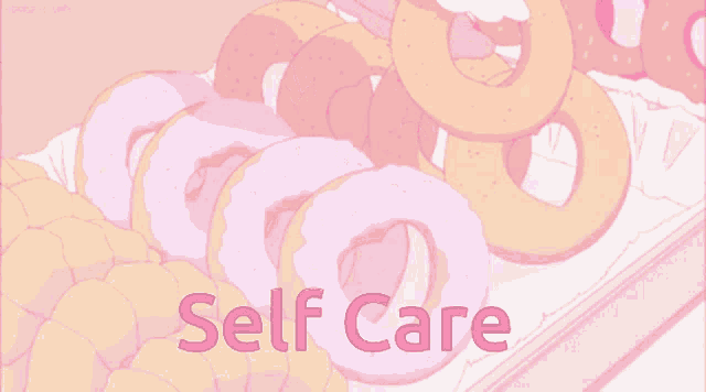 a bunch of pink and yellow donuts with the words self care written above them