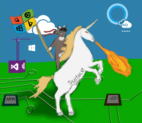 a drawing of a cat riding a unicorn with the word surface written on the back
