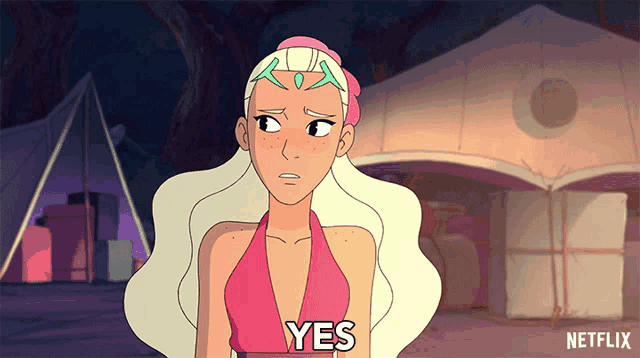 a cartoon character says yes in front of tents