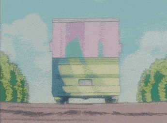 a pink and green van is driving down a dirt road in front of a body of water