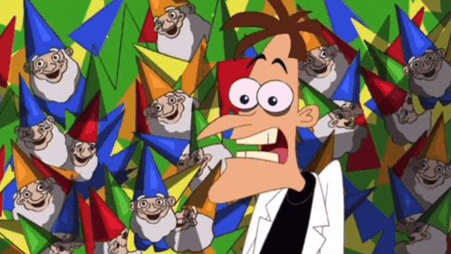 perry the platypus is surrounded by gnomes wearing party hats in a colorful background