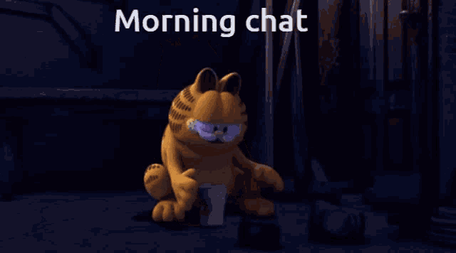 a picture of garfield with the words morning chat behind him