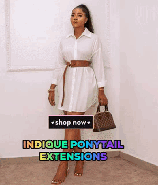 a woman in a white outfit is standing next to a sign that says shop now