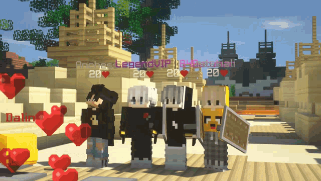 a group of minecraft characters standing next to each other with hearts surrounding them