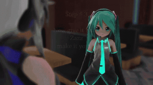 a cartoon girl with green hair and headphones is laying on a table .