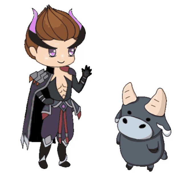 a cartoon of a man and a stuffed animal with horns