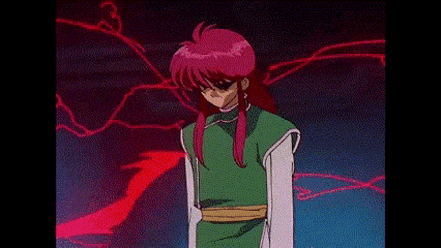 a cartoon character with pink hair is standing in front of a dark background with the words spooky baiano sorrizo written on it