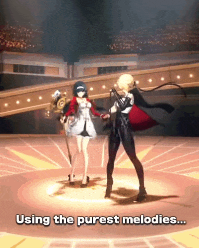two anime girls are dancing on a stage with the words using the purest melodies