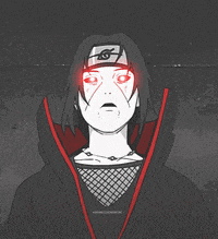 a black and white drawing of a person with red eyes and a red hood