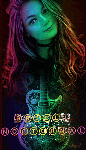 a woman with rainbow hair is standing next to a guitar with the words " nocturnal " written on it