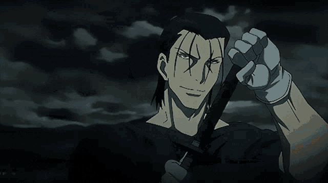 a man with long hair is holding a sword in his right hand