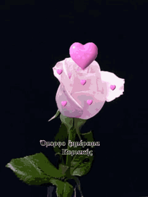 a pink rose with a pink heart on top of it and hearts around it