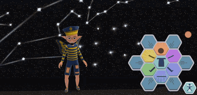 a boy in a striped shirt stands in front of a constellation of stars