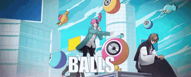 a poster for balls shows a man sitting on a ledge surrounded by balls