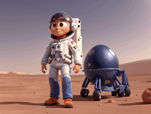 a cartoon character in a space suit stands next to a rocket