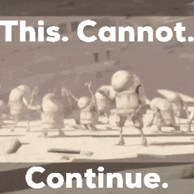 a group of robots are walking in a room with the words this cannot continue