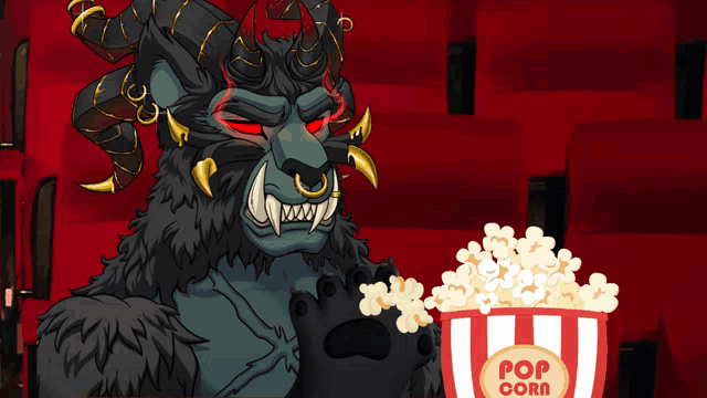 a monster is holding a bucket of popcorn in front of him