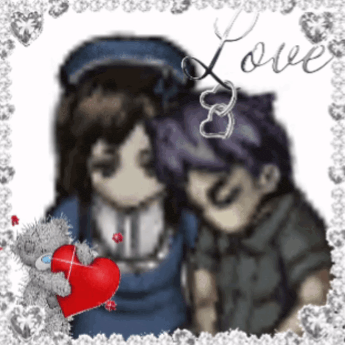 a picture of a boy and a girl hugging with the word love written above them
