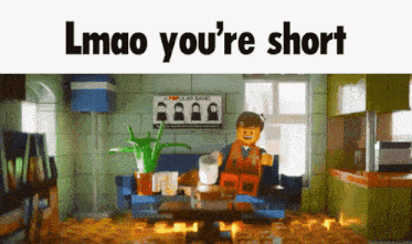 a lego man sits on a couch in a living room with the words lmao you 're short