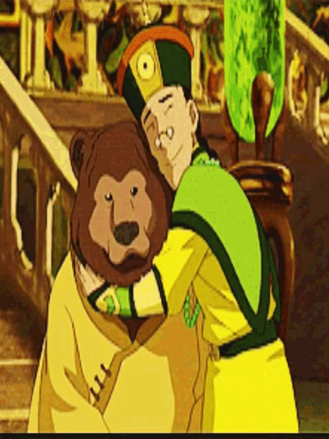 a cartoon of a man holding a bear on his back