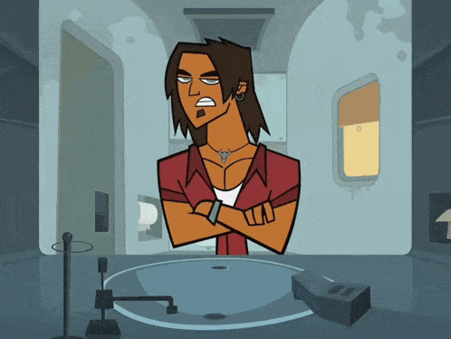 a cartoon of a man with his arms crossed standing in front of a sink
