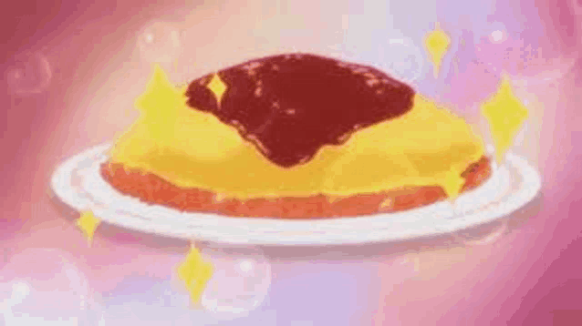 a cartoon illustration of a cake on a plate with bubbles in the background .